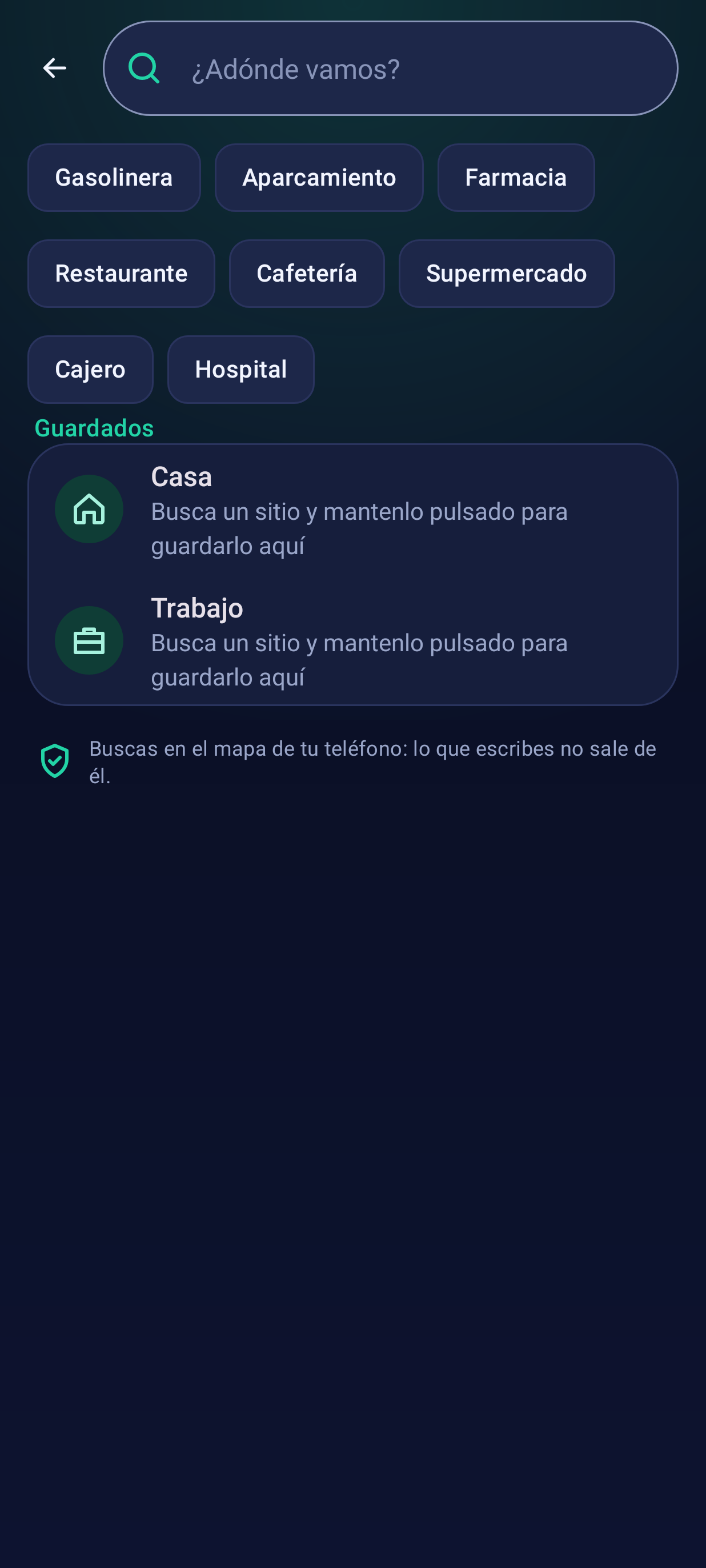 Búsqueda de direcciones y lugares en Ruta, tema oscuro