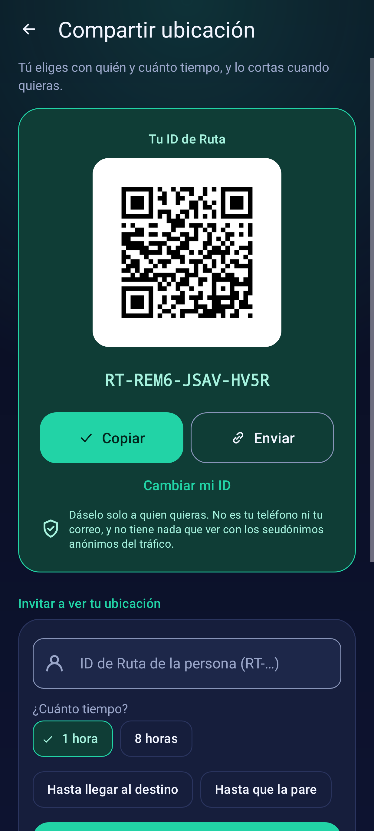 Compartir tu ubicación cifrada con quien elijas, tema oscuro