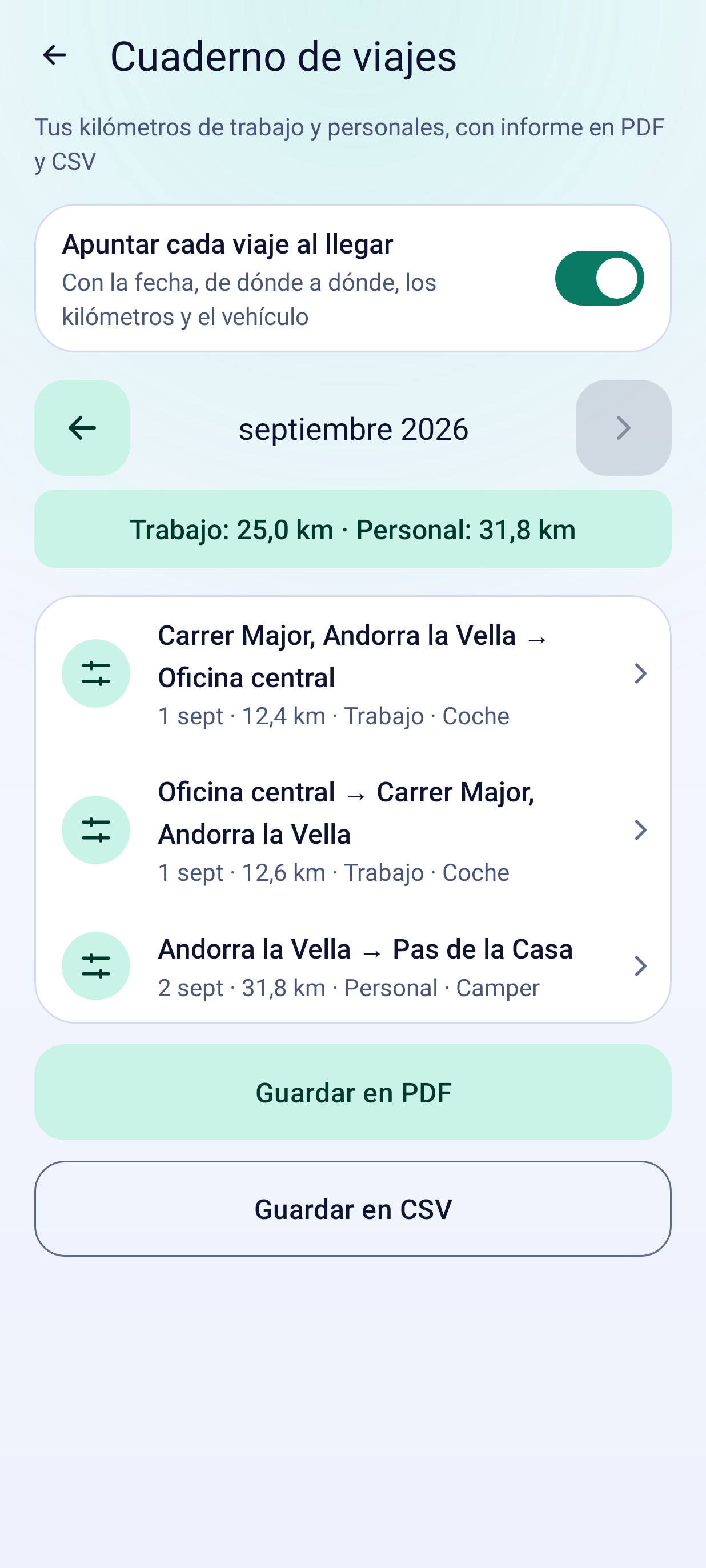 Cuaderno de viajes con informe exportable, tema claro