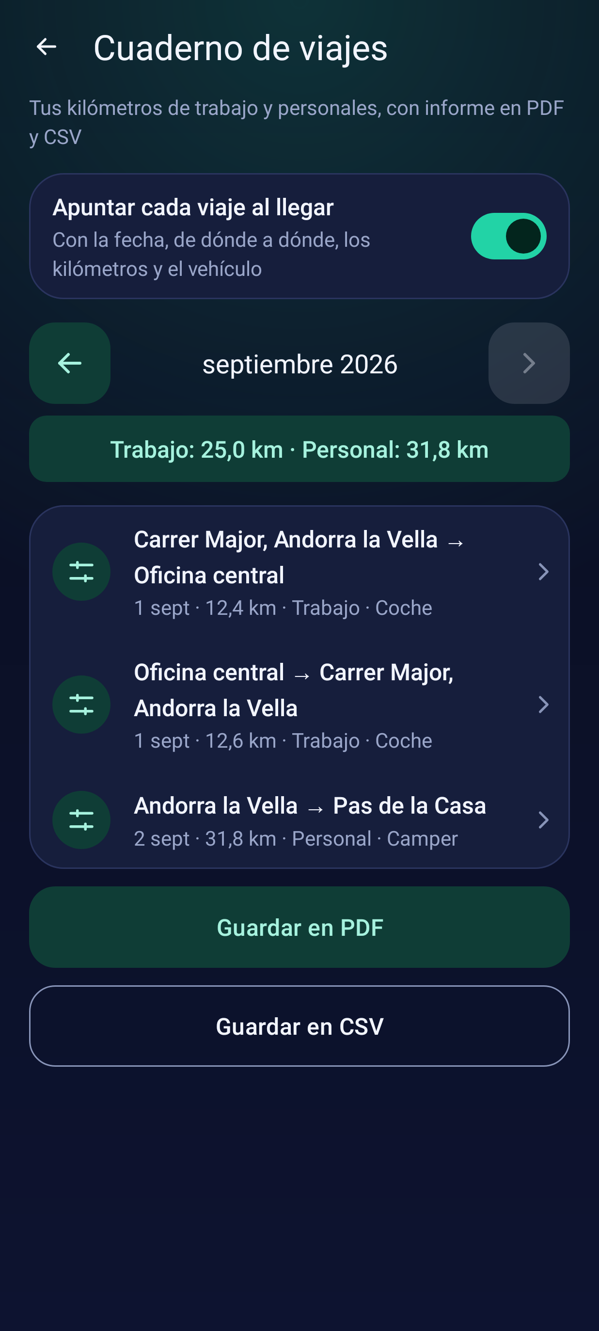 Cuaderno de viajes con informe exportable, tema oscuro