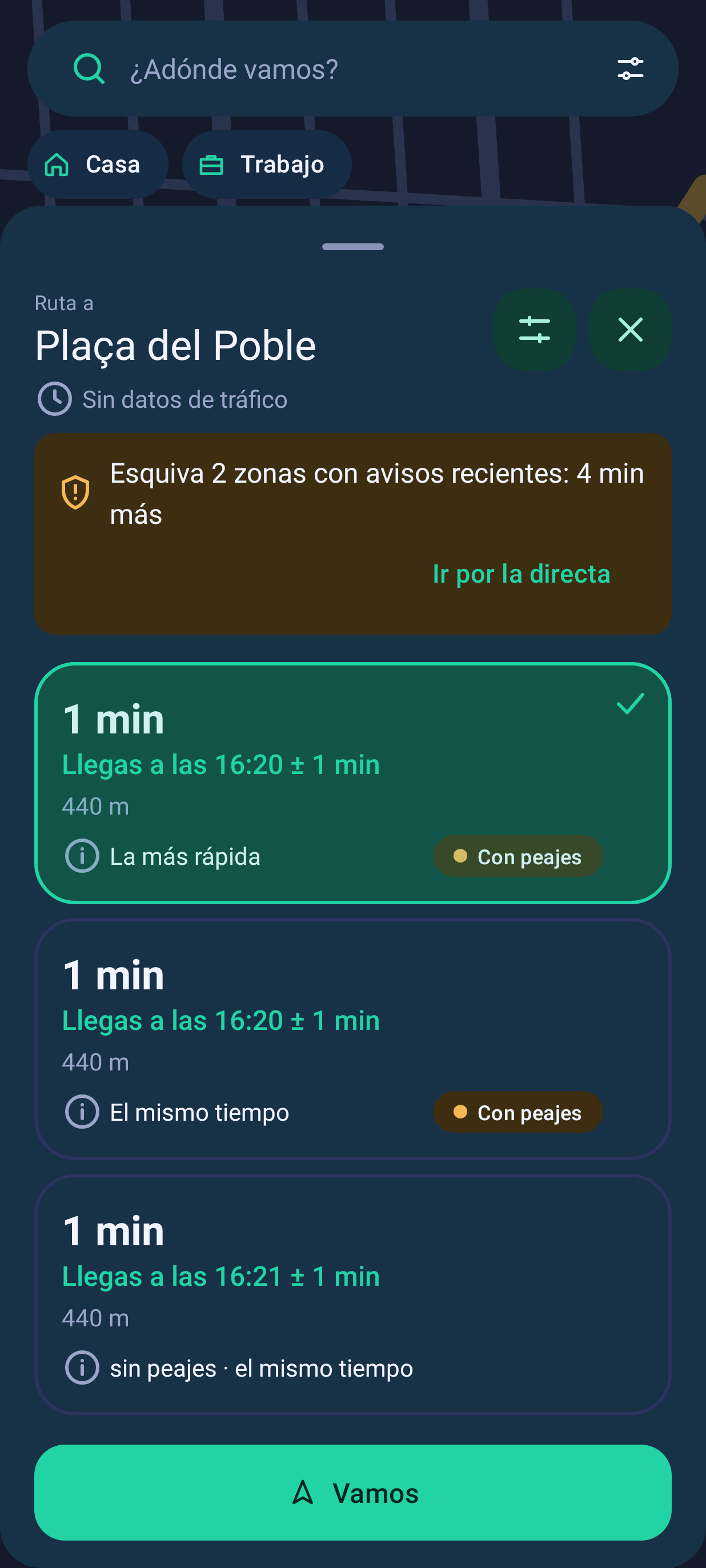 Una ruta que evita las zonas rojas de noche, tema oscuro